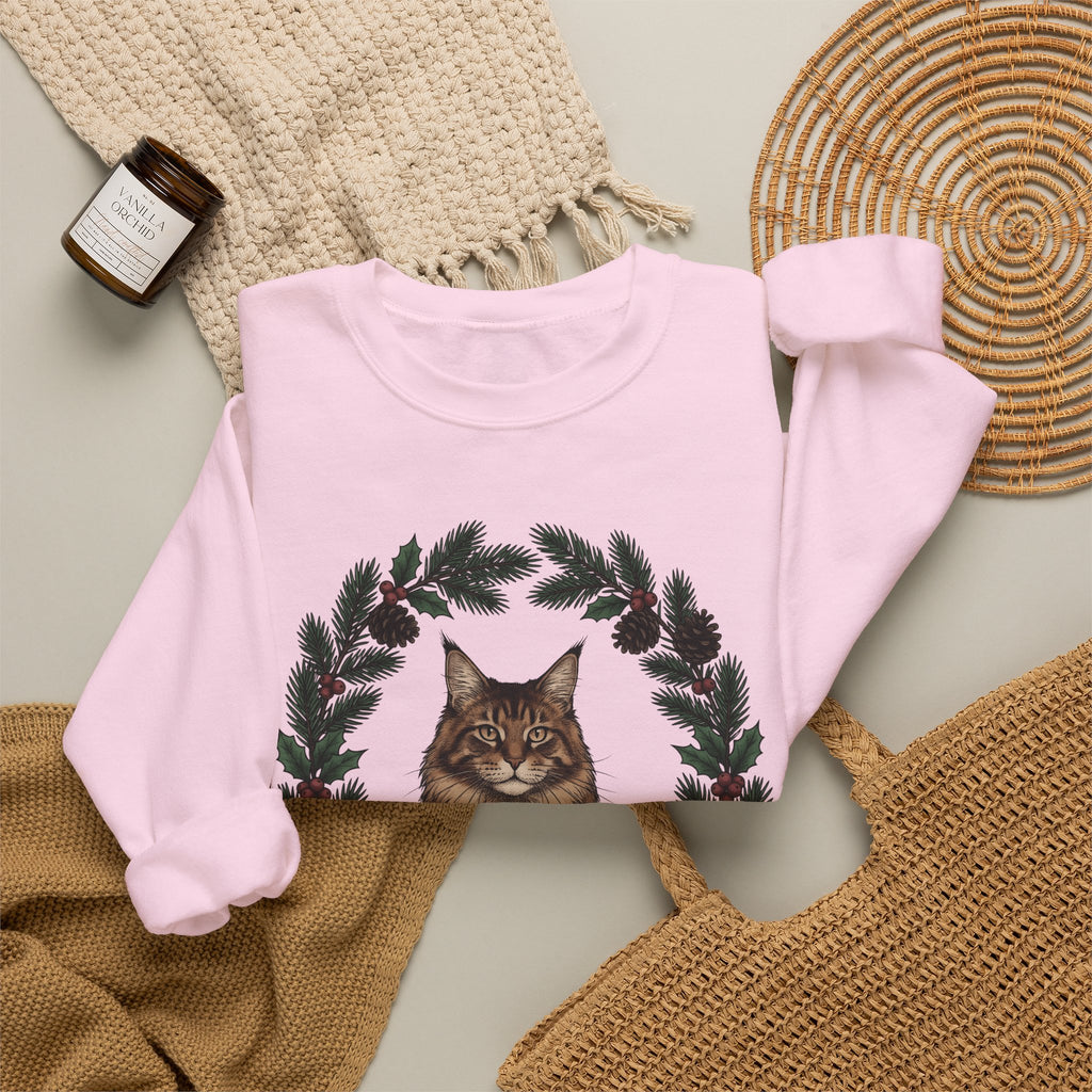Maine Coon Kitten Sweatshirt Cat Holiday Gift Women Floral Sweatshirt Kitten Sweatshirt Cat Fan Fancy Sweatshirt Christmas Graphic Retro Pine Twigs Sweatshirt