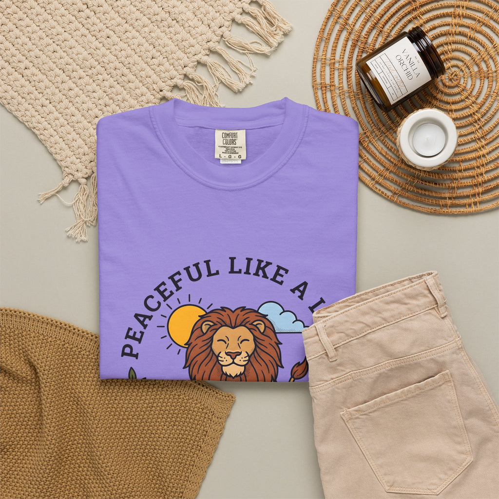 Meditating Lion T-Shirt Yoga Mindfulness Gift Women Cartoon T-Shirt Lioness T-Shirt Yoga Enthusiast Comic T-Shirt Meditation Graphic Minimalist Sun
