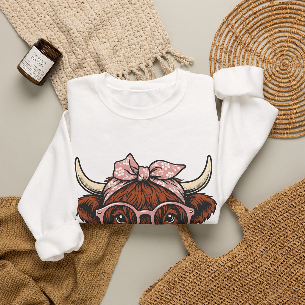 Hairy Cow Sweatshirt Highland Cow Pet Gift Women Sketch Sweatshirt Furry Cow Sweatshirt Highland Cattle Fan Drawing Graphic Sweatshirt Cartoon Shades Sweatshirt