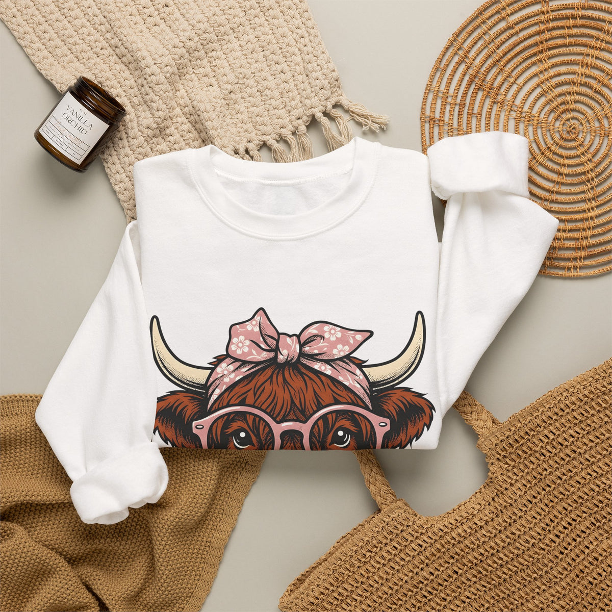 Hairy Cow Sweatshirt Highland Cow Pet Gift Women Sketch Sweatshirt Furry Cow Sweatshirt Highland Cattle Fan Drawing Graphic Sweatshirt Cartoon Shades Sweatshirt