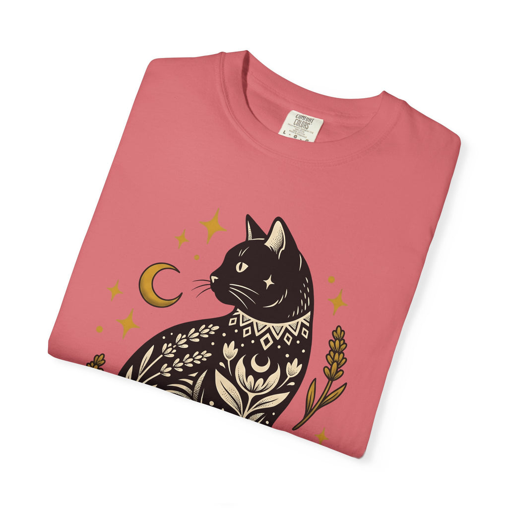 Astral Cat T-Shirt Boho Chic Esoteric Gift Women Ethnic T-Shirt Celestial Cat T-Shirt Bohemian Fan Tribal T-Shirt Mystical Graphic Sleek Moonlight