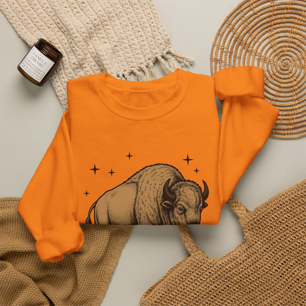 Buffalo Art Sweatshirt Animal Environment Gift Women Rustic Sweatshirt Bison Sweatshirt Wildlife Fan Primitive Sweatshirt Eco Graphic Line Art Star Symbols