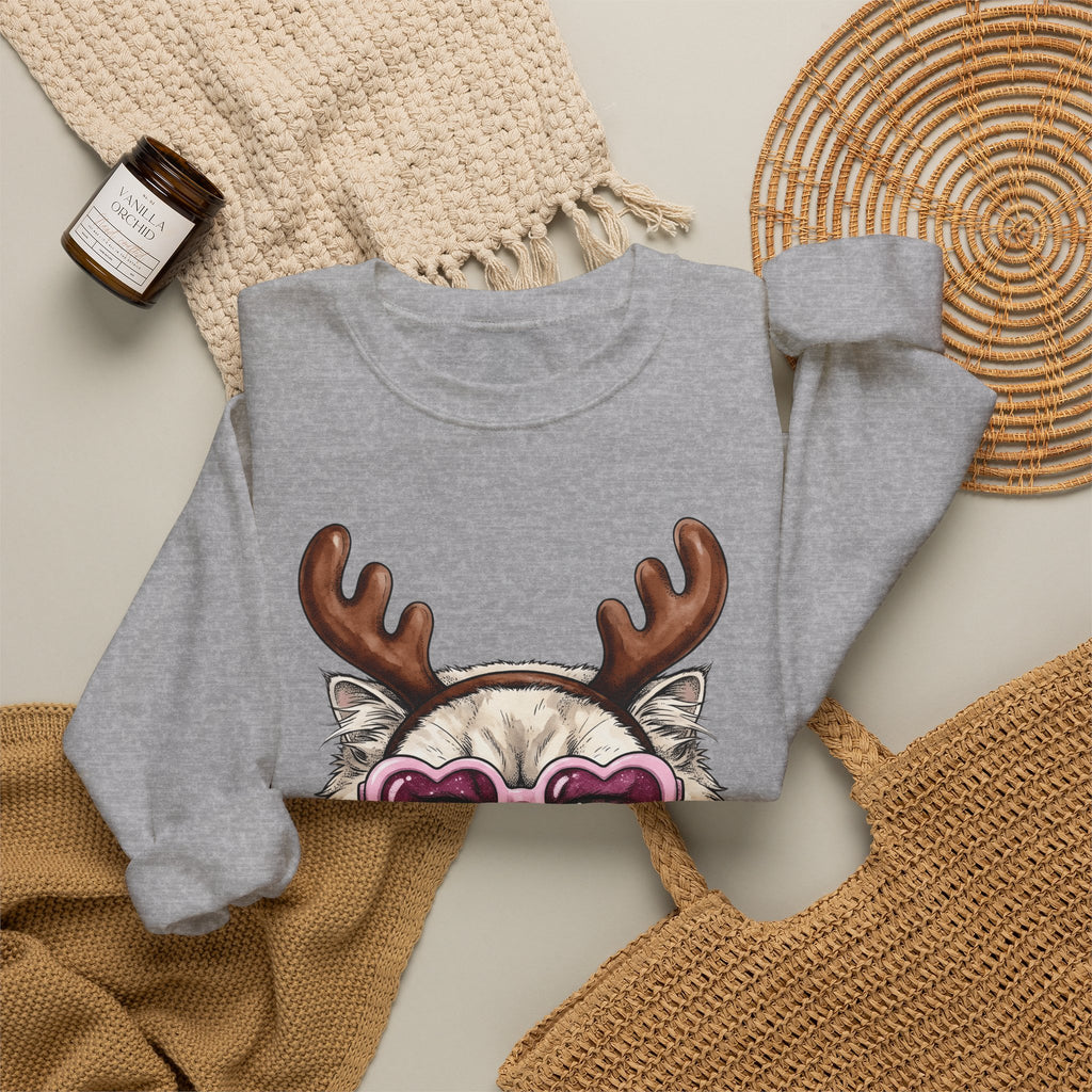 Cat Reindeer Sweatshirt Christmas Cat Gift Women Hand Drawn Sweatshirt Reindeer Sweatshirt Xmas Fan Illustrated Graphic Kitten Design Vintage Heart