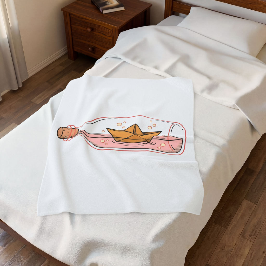 Paper Boat Bottle Blanket Cute Nautical Gift Women Whimsical Blanket Glass Bottle Blanket Adorable Fan Artistic Blanket Maritime Graphic Hand Drawn