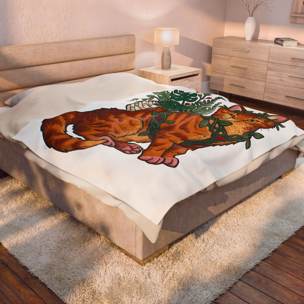 Ginger Cat Blanket Cat Wildlife Gift Women Floral Blanket Orange Cat Blanket Cat Fan Feline Graphic Blanket Sketch Indoor Plants Blanket