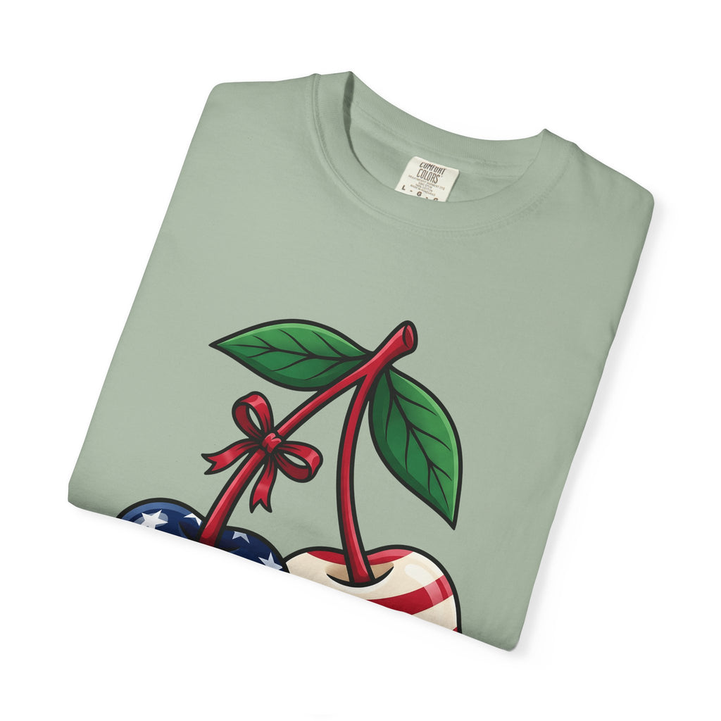 American Cherries 4Th Of July Beach Gift Comic Cherry Independence Day Fan Cartoon Coastal T-Shirt