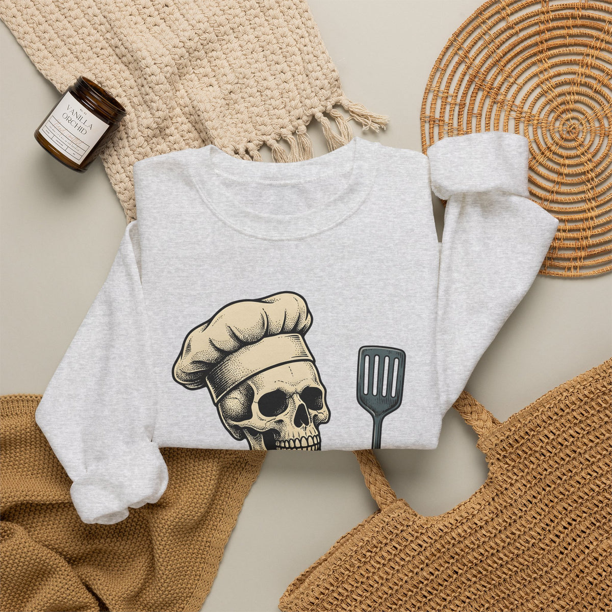 Skeleton Cook Sweatshirt Barbecue Fun Gift Women Classic Sweatshirt Skeleton Sweatshirt Bbq Fan Vintage Sweatshirt Humor Graphic Line Art Grill Spatula Sweatshirt