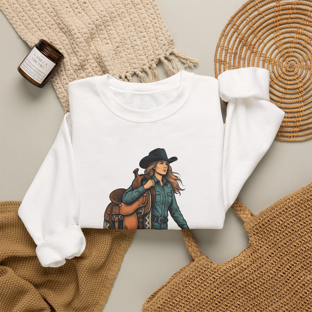 Cowgirl Saddle Cowgirl Western Gift Vintage Saddle Cowboy Fan Retro Rodeo Hand Drawn Cowboy Sweatshirt