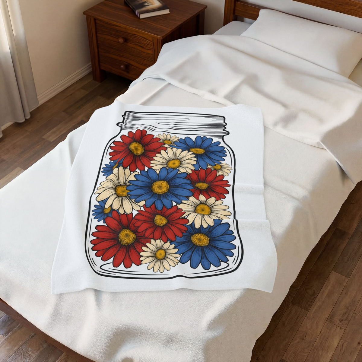 Glass Jar Blooms Blanket 4th Of July Garden Gift Women Sketch Blanket Mason Jar Blanket Patriotic Fan Vintage Drawing Yard Graphic Retro