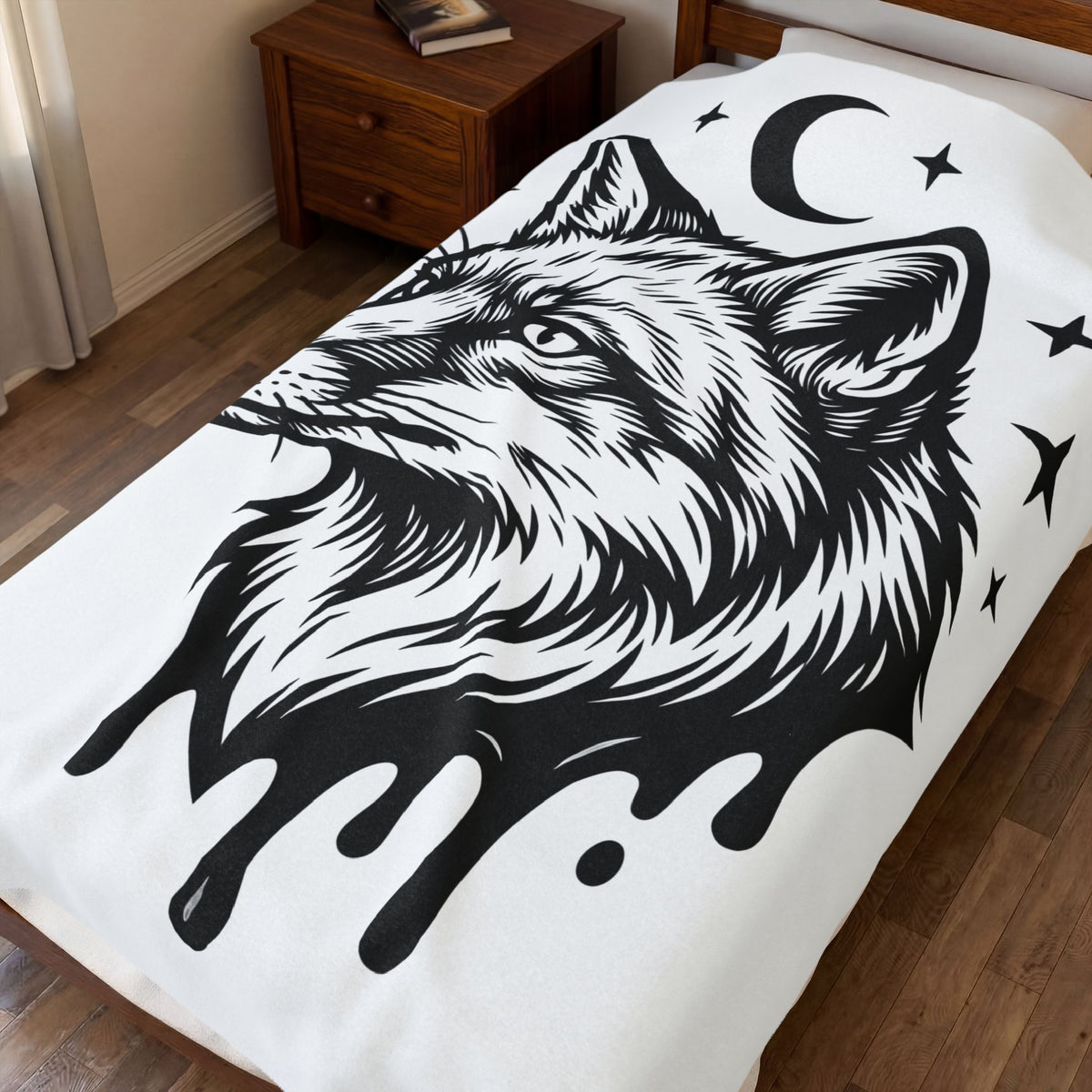 Wolf Portrait Blanket Boho Chic Fauna Gift Women Sketch Blanket Canine Blanket Bohemian Fan Drawing Design Graphic Creature Illustration Graphic