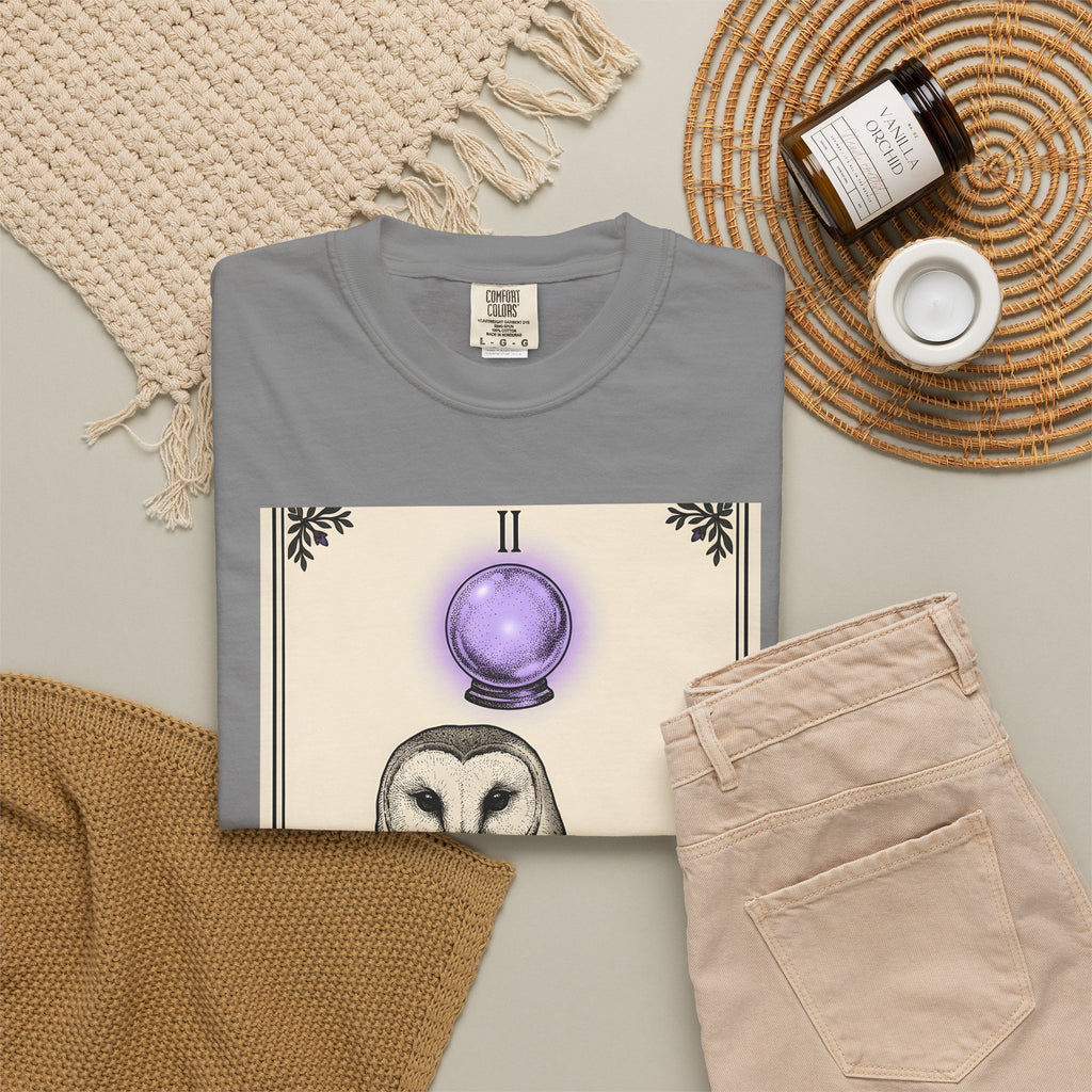 Barn Owl T-Shirt Boho Chic Magic Gift Women Oracle T-Shirt Owl T-Shirt Bohemian Fan Mystic T-Shirt Magical Graphic Hand Drawn Glass Sphere T-Shirt