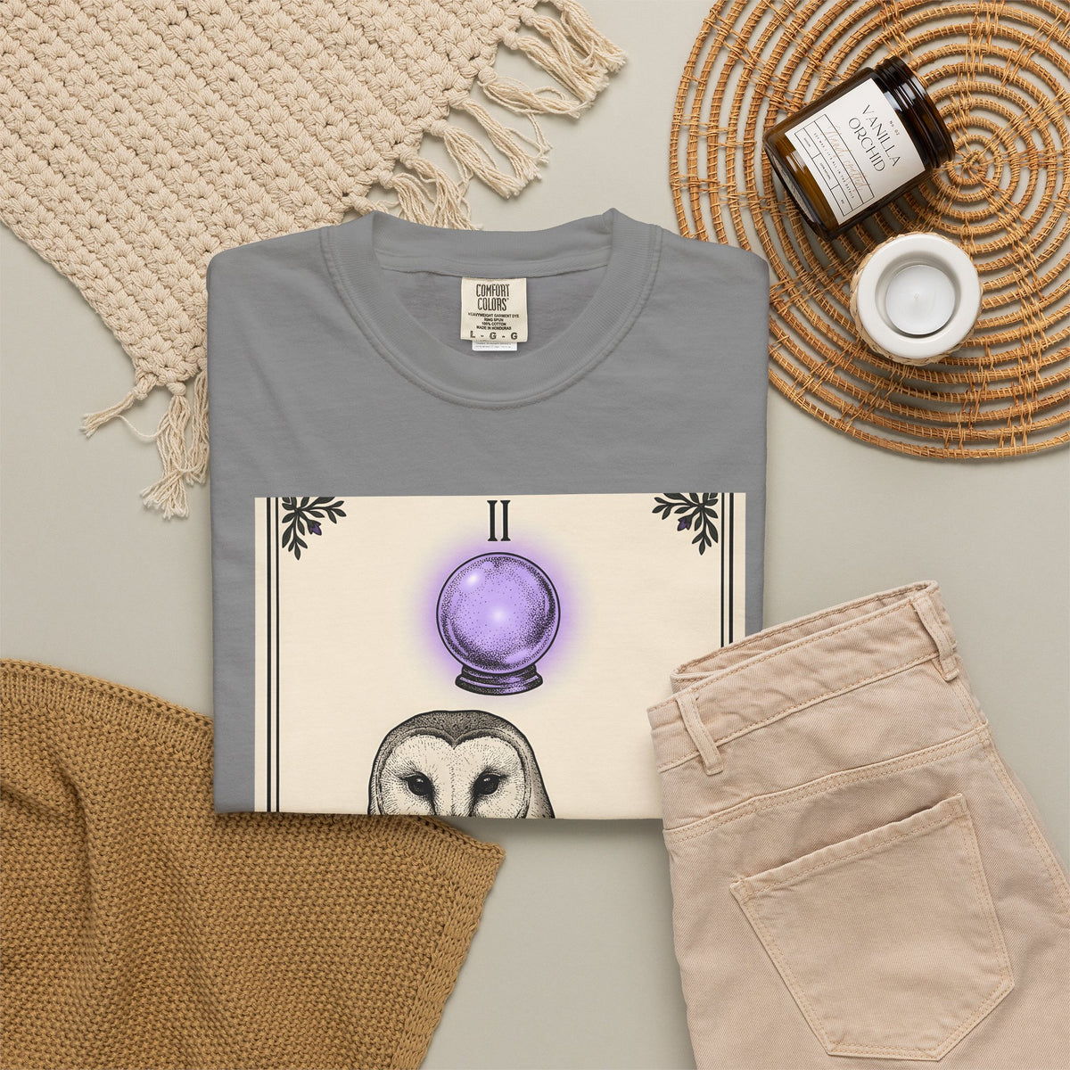 Barn Owl T-Shirt Boho Chic Magic Gift Women Oracle T-Shirt Owl T-Shirt Bohemian Fan Mystic T-Shirt Magical Graphic Hand Drawn Glass Sphere T-Shirt