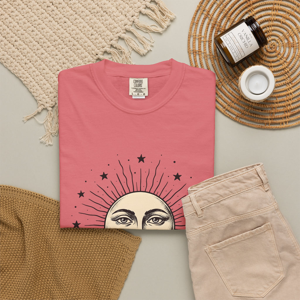 Sun Face T-Shirt Boho Chic Space Gift Women Rustic T-Shirt Sun T-Shirt Hippie Fan Bohemian T-Shirt Galaxy Graphic Line Art Stars T-Shirt