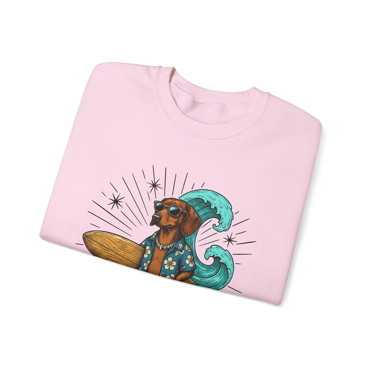 Dachshund Surfer Sweatshirt Dog Holiday Gift Women Animated Sweatshirt Wiener Dog Sweatshirt Dog Fan Cartoon Sweatshirt Vacation Graphic Retro Surfboard Sweatshirt