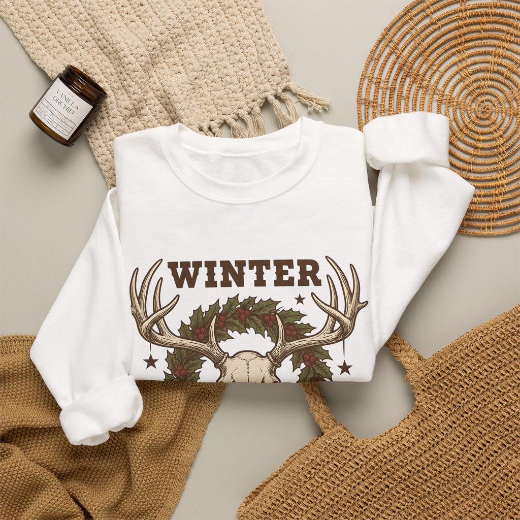 Antler Skull Sweatshirt Christmas Frost Gift Women Throwback Sweatshirt Deer Skull Sweatshirt Xmas Fan Holiday Sweatshirt Frosty Graphic Cartoon Pine Wreath