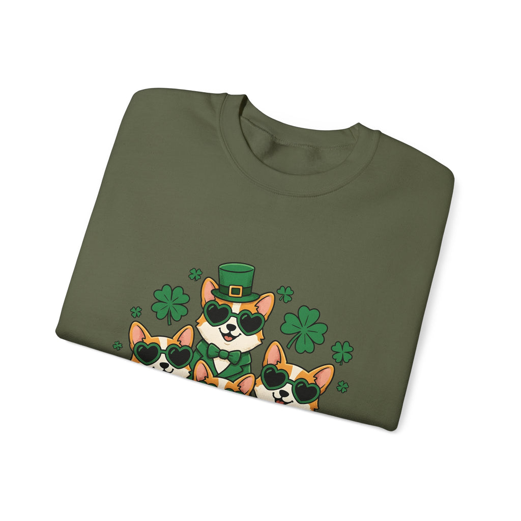 Corgi Puppies Sweatshirt St Patrick's Day Pet Owner Gift Women Comic Sweatshirt Puppy Sweatshirt Shamrock Fan Cartoon Sweatshirt Dog Mom Graphic Chibi Clover
