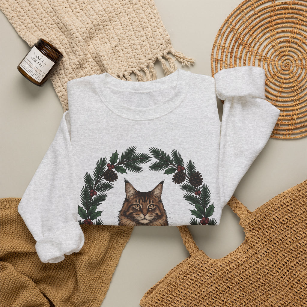 Maine Coon Kitten Sweatshirt Cat Holiday Gift Women Floral Sweatshirt Kitten Sweatshirt Cat Fan Fancy Sweatshirt Christmas Graphic Retro Pine Twigs Sweatshirt