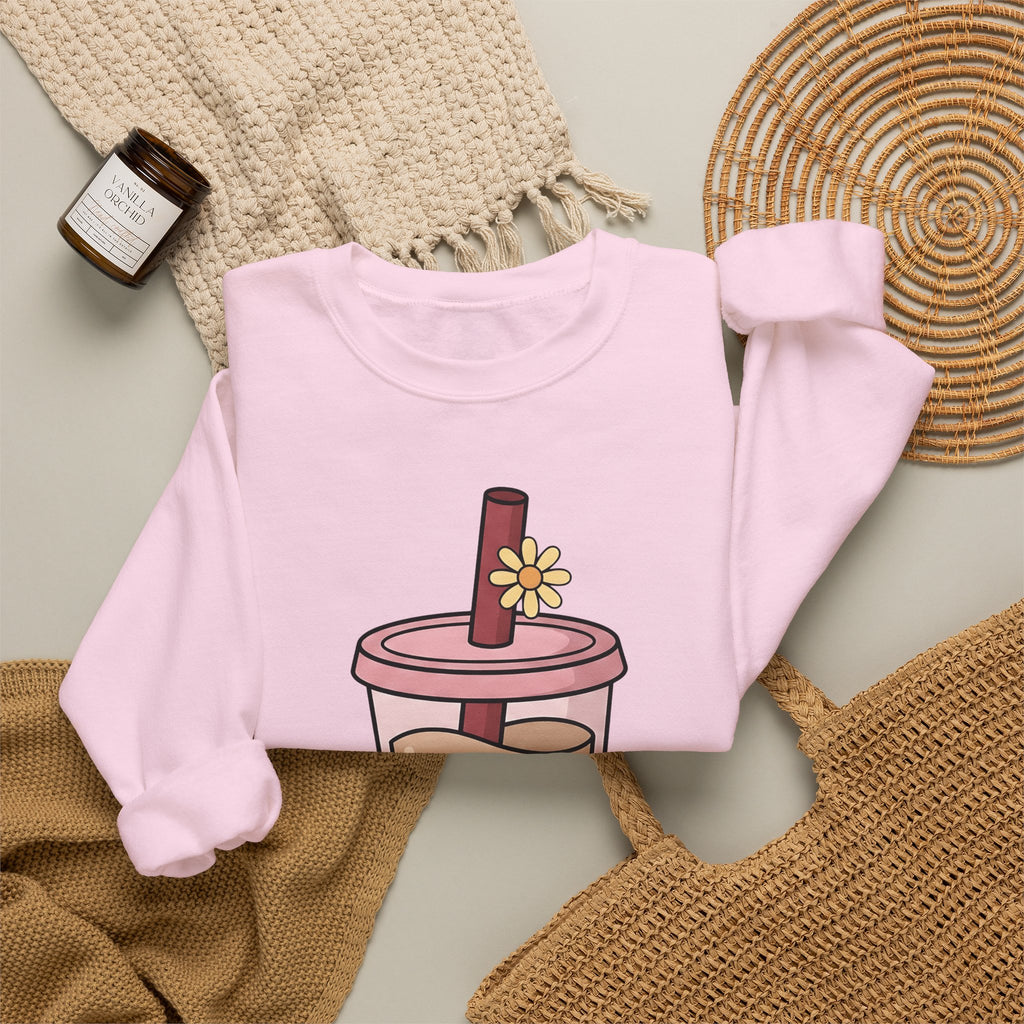 Boba Tea Sweatshirt Drinks Cuisine Gift Women Cute Sweatshirt Bubble Tea Sweatshirt Beverage Fan Milk Tea Sweatshirt Food Graphic Simple Blossom Sweatshirt