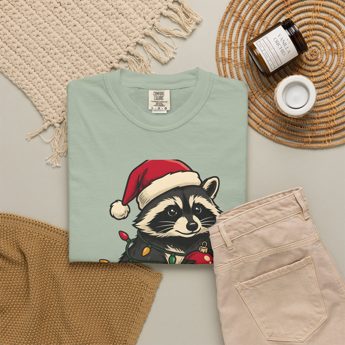 Raccoon Holiday Hat T-Shirt Christmas Creatures Gift Women Comic T-Shirt Trash Panda T-Shirt Xmas Fan Cartoon T-Shirt Animal Graphic Line Art
