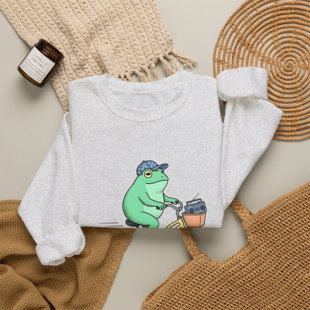 Frog Cycle Sweatshirt Funny Critters Gift Women Graphic Sweatshirt Toad Sweatshirt Humor Fan Cartoon Sweatshirt Creature Graphic Old School Music Player Sweatshirt