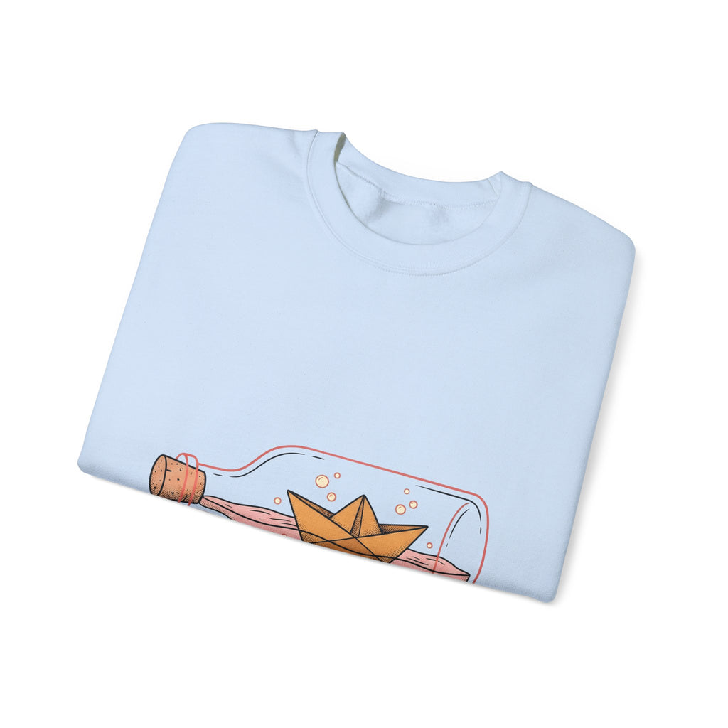 Paper Boat Bottle Sweatshirt Cute Nautical Gift Women Whimsical Sweatshirt Glass Bottle Sweatshirt Adorable Fan Artistic Sweatshirt Maritime Graphic Hand Drawn