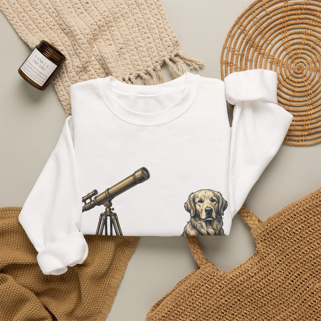 Golden Retriever Sweatshirt Dog Universe Gift Women Antique Sweatshirt Retriever Sweatshirt Dog Fan Vintage Sweatshirt Galaxy Graphic Cartoon Telescope Sweatshirt