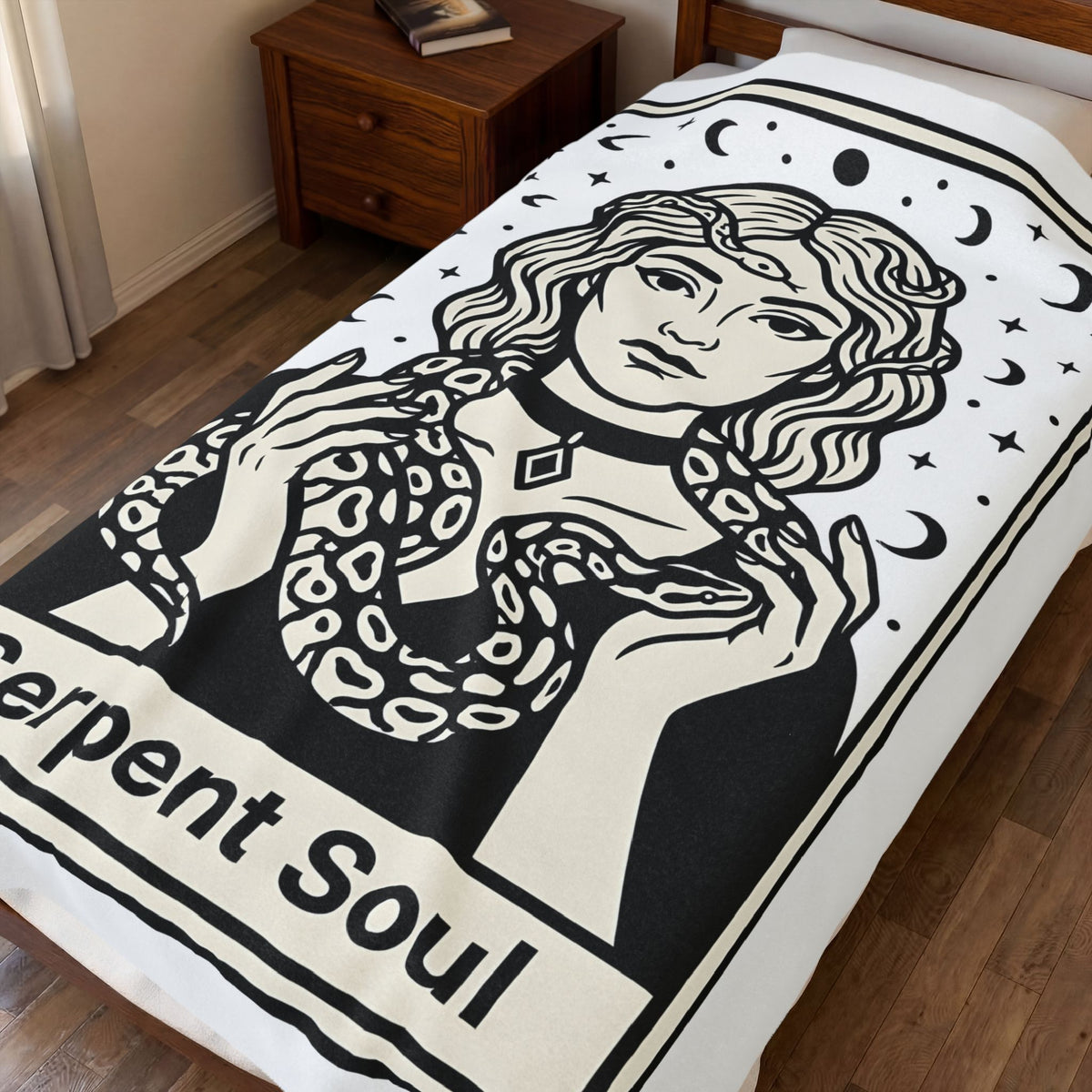 Mystical Female Serpent Blanket Boho Chic Spells Gift Women Oracle Blanket Snake Blanket Bohemian Fan Divination Blanket Magic Graphic Retro Lunar