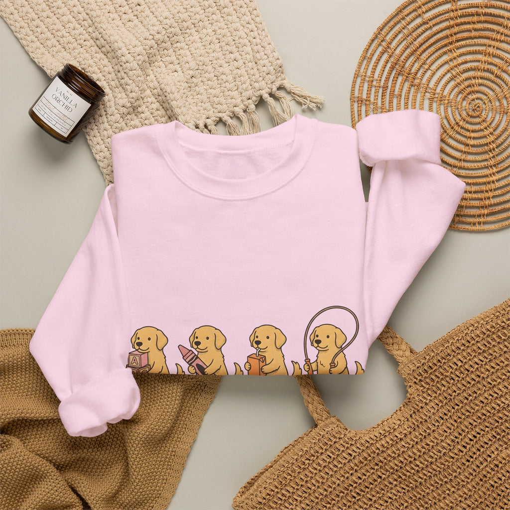 Golden Retriever Pups Sweatshirt Teachers Companion Gift Women Caricature Sweatshirt Puppy Sweatshirt Educator Enthusiast Cartoon Sweatshirt Buddy Graphic
