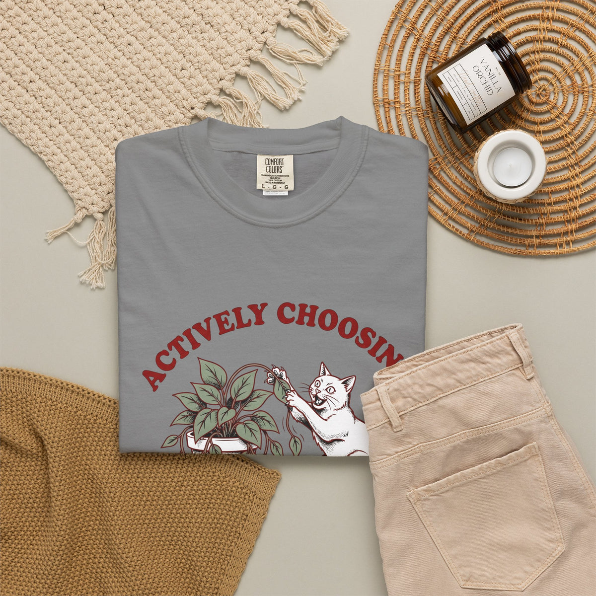 Feline Foliage T-Shirt Cat Comedy Gift Women Classic T-Shirt Cat Foliage T-Shirt Cat Fan Vintage T-Shirt Humor Graphic Ink Drawing Potted Plant