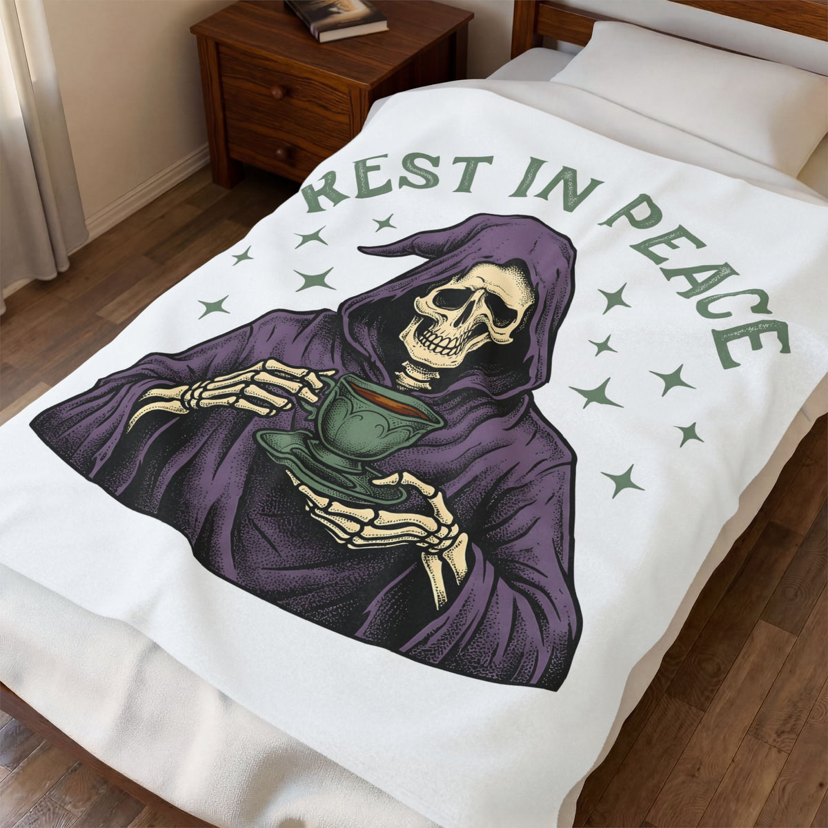 Grim Reaper Blanket Halloween Gothic Gift Women Vintage Blanket Death Blanket Horror Fan Dark Blanket Gothic Graphic Hand Drawn Teacup Blanket