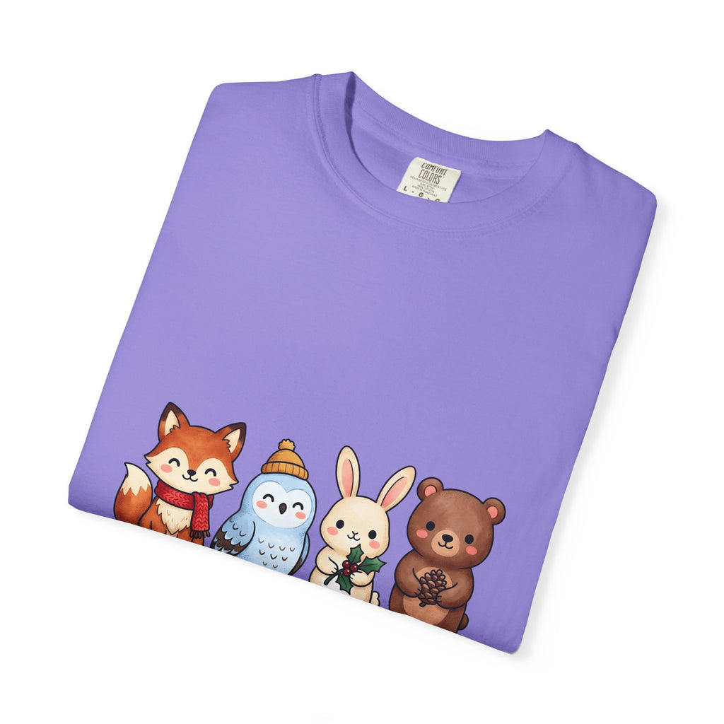 Forest Creatures T-Shirt Christmas Wildlife Gift Women Adorable T-Shirt Woodland T-Shirt Xmas Fan Cute T-Shirt Animal Graphic Comic Mistletoe