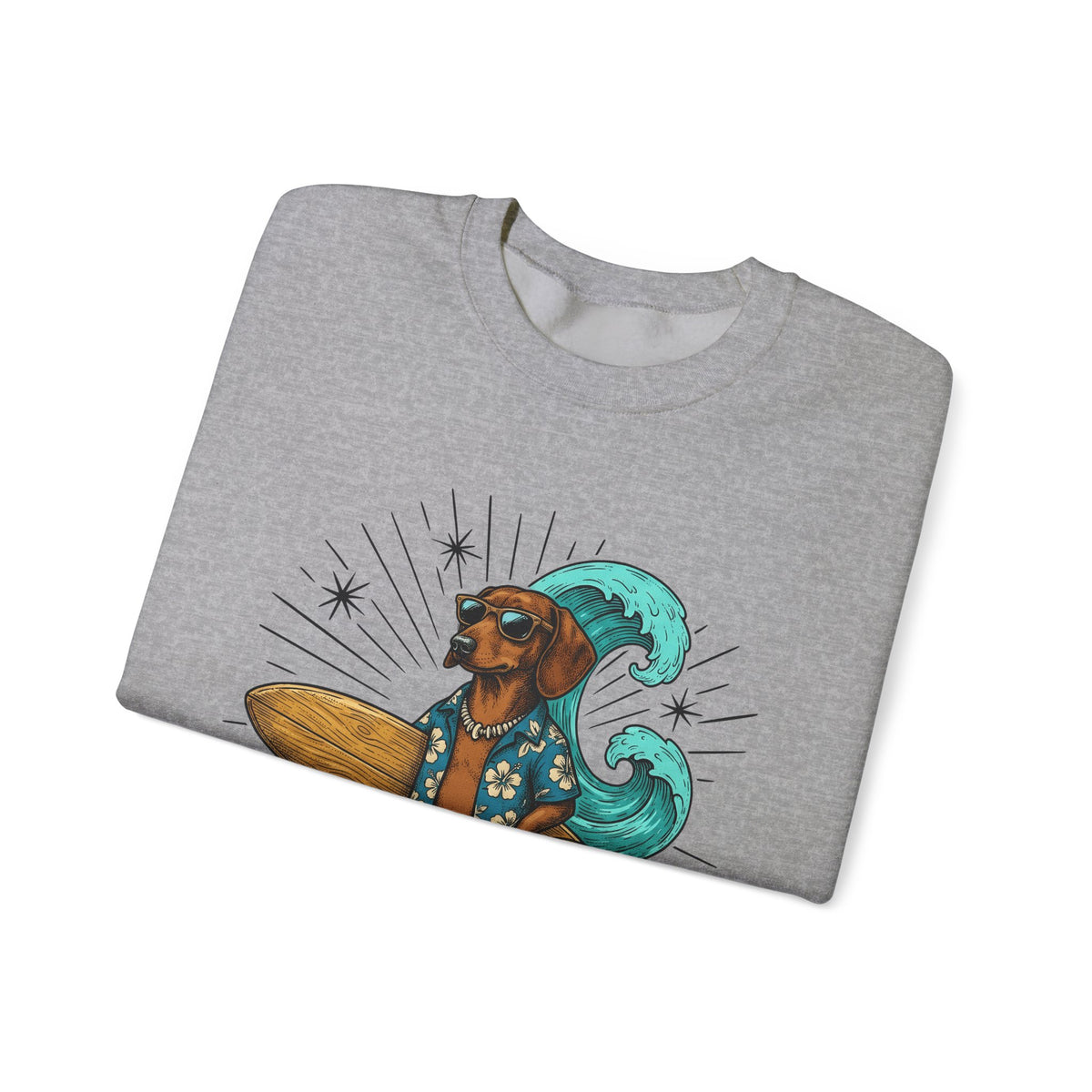 Dachshund Surfer Sweatshirt Dog Holiday Gift Women Animated Sweatshirt Wiener Dog Sweatshirt Dog Fan Cartoon Sweatshirt Vacation Graphic Retro Surfboard Sweatshirt