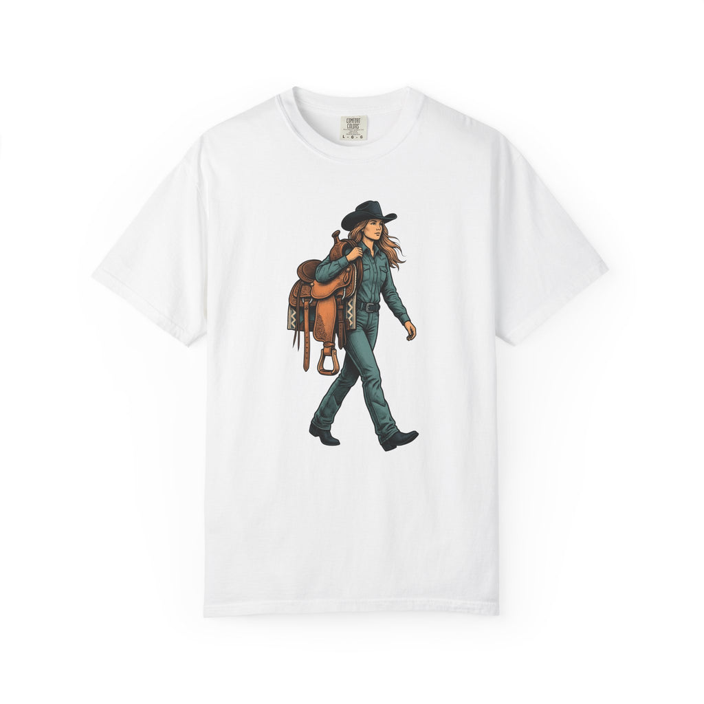 Cowgirl Saddle Cowgirl Western Gift Vintage Saddle Cowboy Fan Retro Rodeo Hand Drawn Cowboy T-Shirt