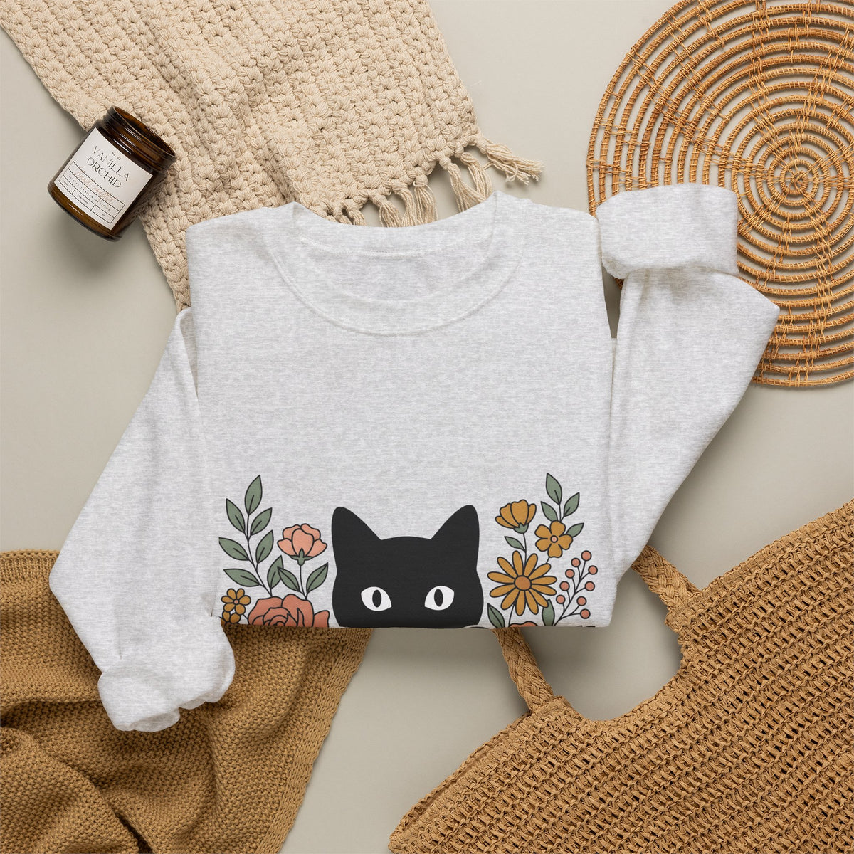 Black Cat Sweatshirt Halloween Garden Gift Women Print Art Sweatshirt Cat Sweatshirt Horror Fan Graphic Sweatshirt Yard Graphic Classic Flower Arrangement