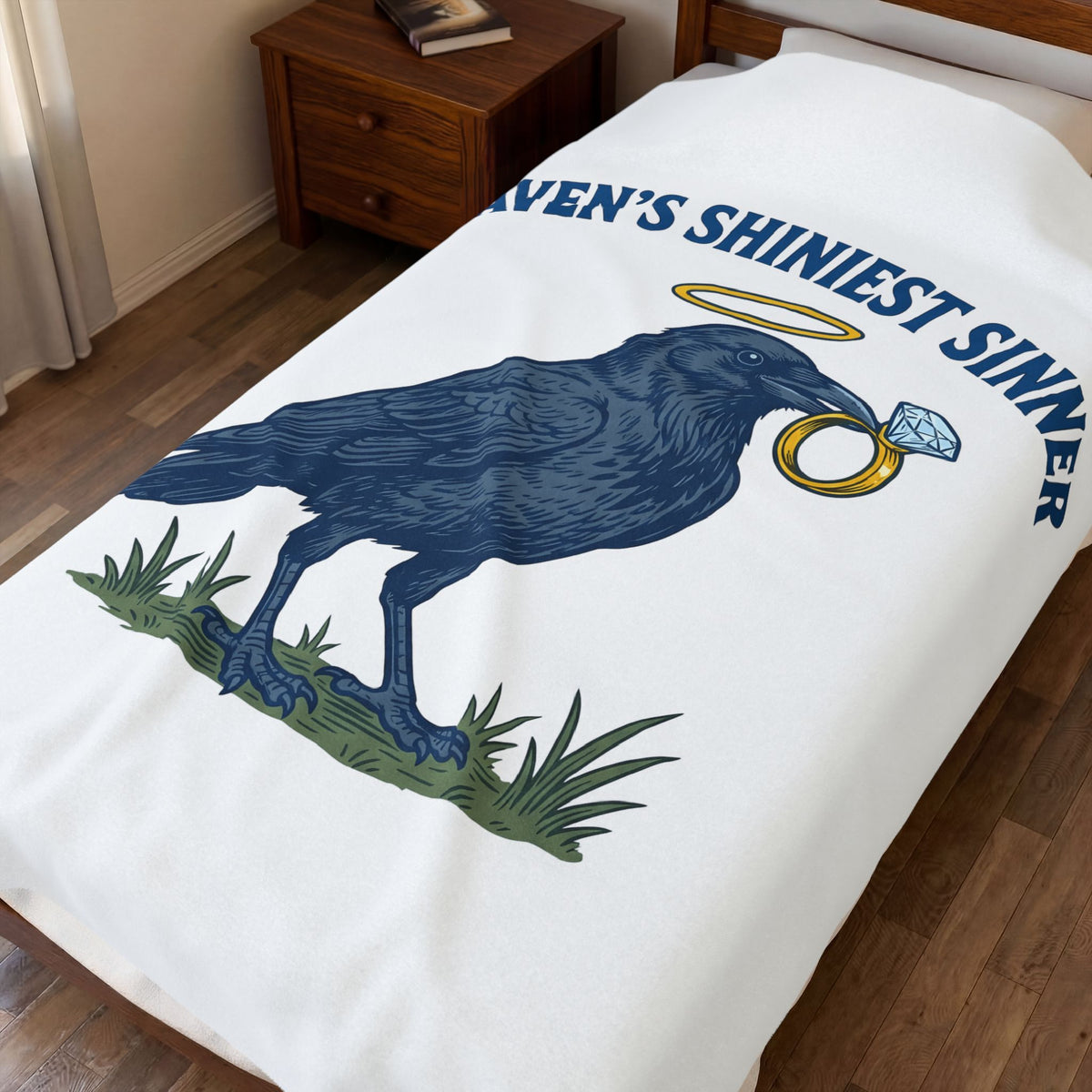 Raven Halo Blanket Funny Animal Gift Women Vintage Blanket Crow Blanket Humor Fan Retro Blanket Creature Graphic Hand Drawn Diamond Ring Blanket