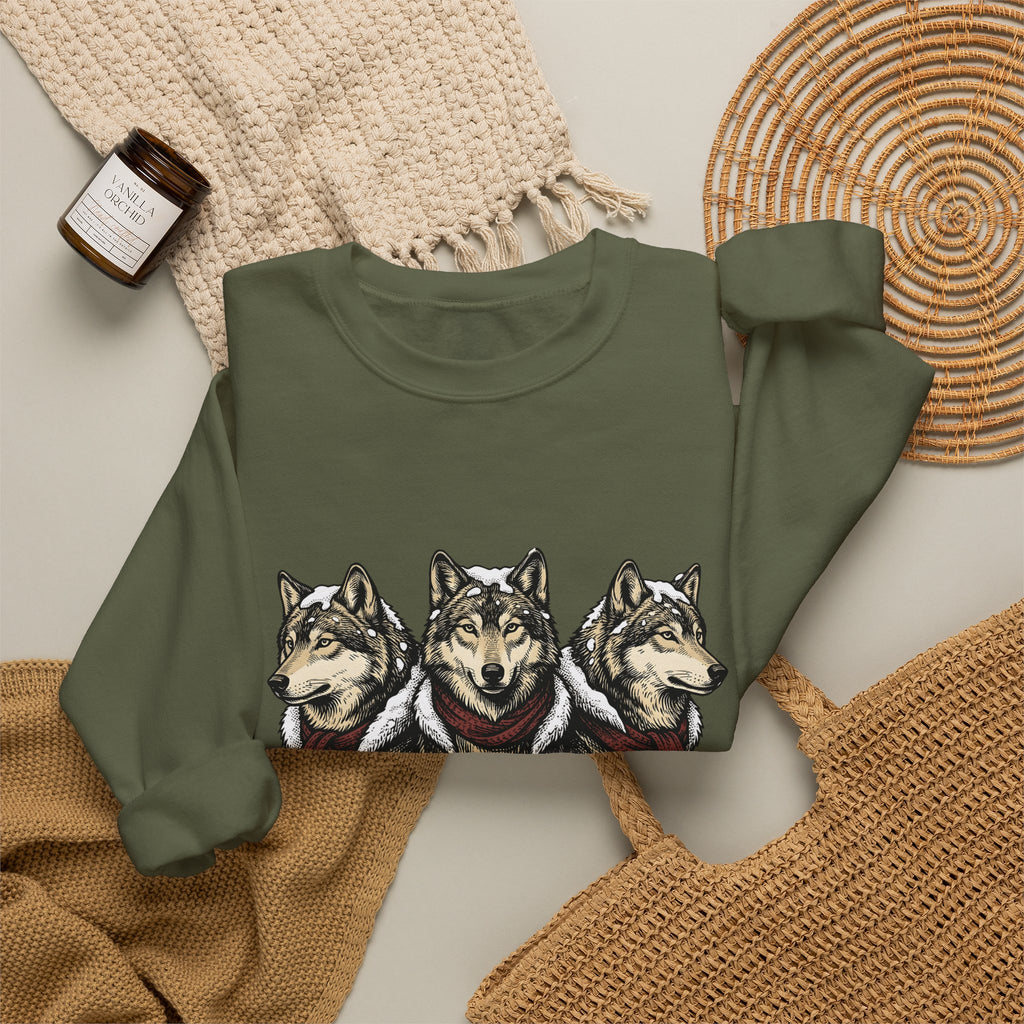 Wolf Trio Sweatshirt Christmas Animal Gift Women Hand Drawn Sweatshirt Pack Sweatshirt Xmas Fan Illustrated Sweatshirt Creature Graphic Vintage Scarf Sweatshirt