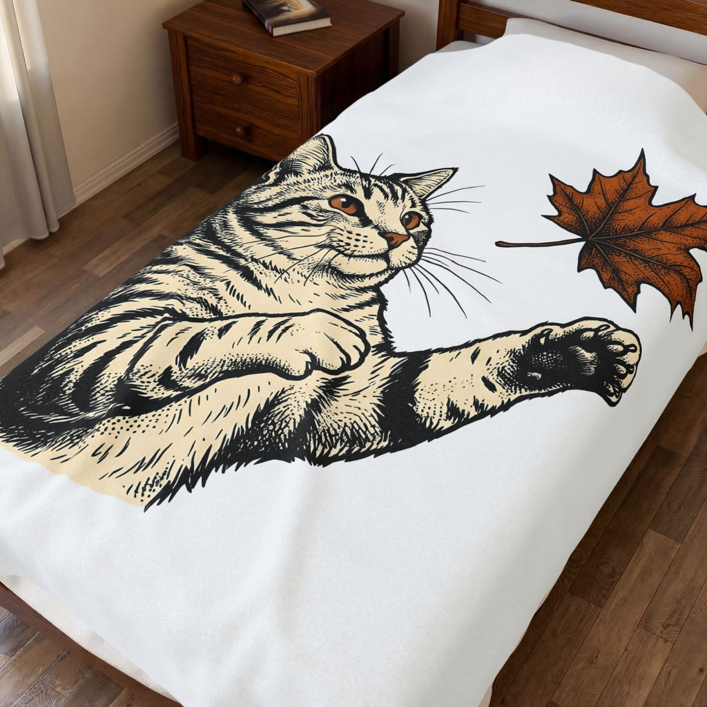 Tabby Cat Blanket Cat Autumn Gift Women Vintage Blanket Kitty Blanket Feline Fan Retro Blanket Fall Graphic Hand Drawn Maple Leaf Blanket