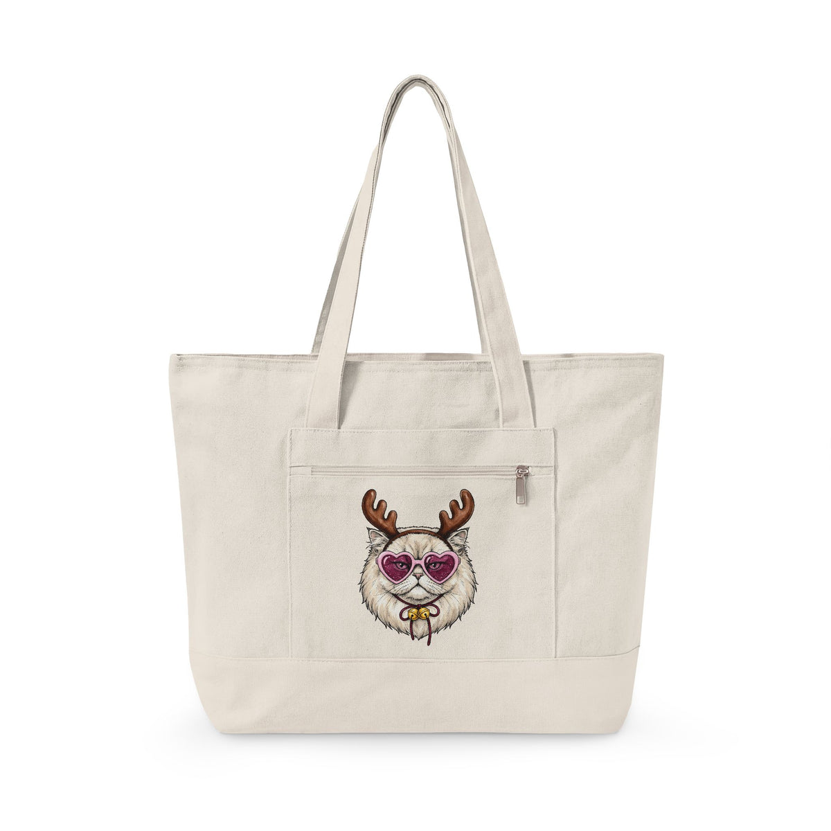 Cat Reindeer Tote Bag Christmas Cat Gift Women Hand Drawn Tote Bag Reindeer Tote Bag Xmas Fan Illustrated Graphic Kitten Design Vintage Heart