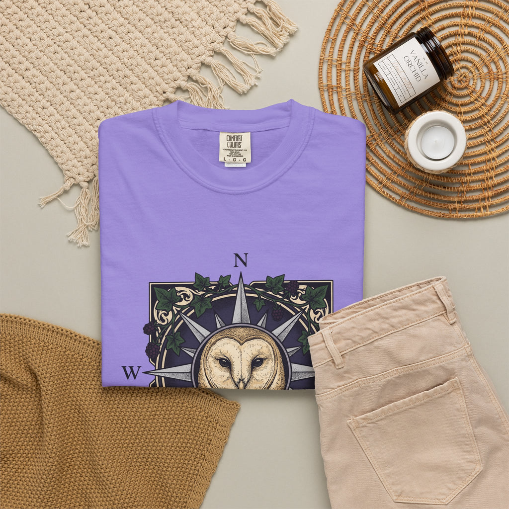 Owl Compass T-Shirt Boho Chic Wilderness Gift Women Enchanting T-Shirt Owl T-Shirt Bohemian Fan Mystical T-Shirt Wilderness Graphic Classic Leaf