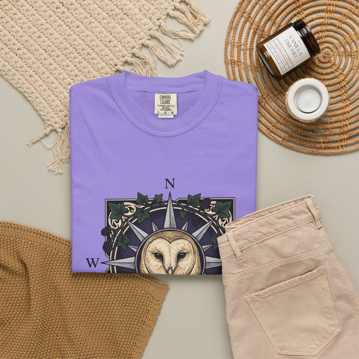 Owl Compass T-Shirt Boho Chic Wilderness Gift Women Enchanting T-Shirt Owl T-Shirt Bohemian Fan Mystical T-Shirt Wilderness Graphic Classic Leaf